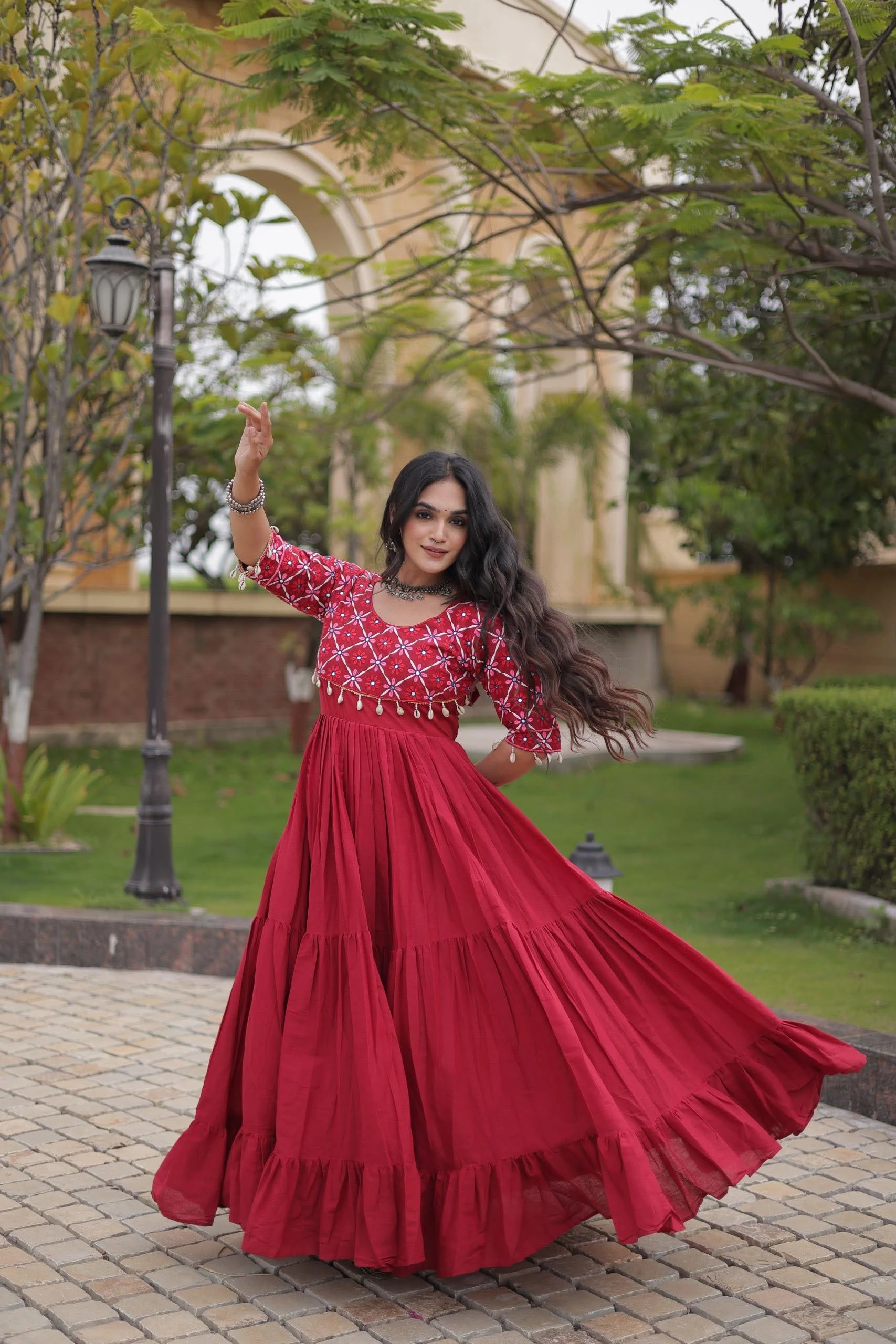 Kora Cotton Gown With Multi Thread Embroidery And Real Mirror Work 7