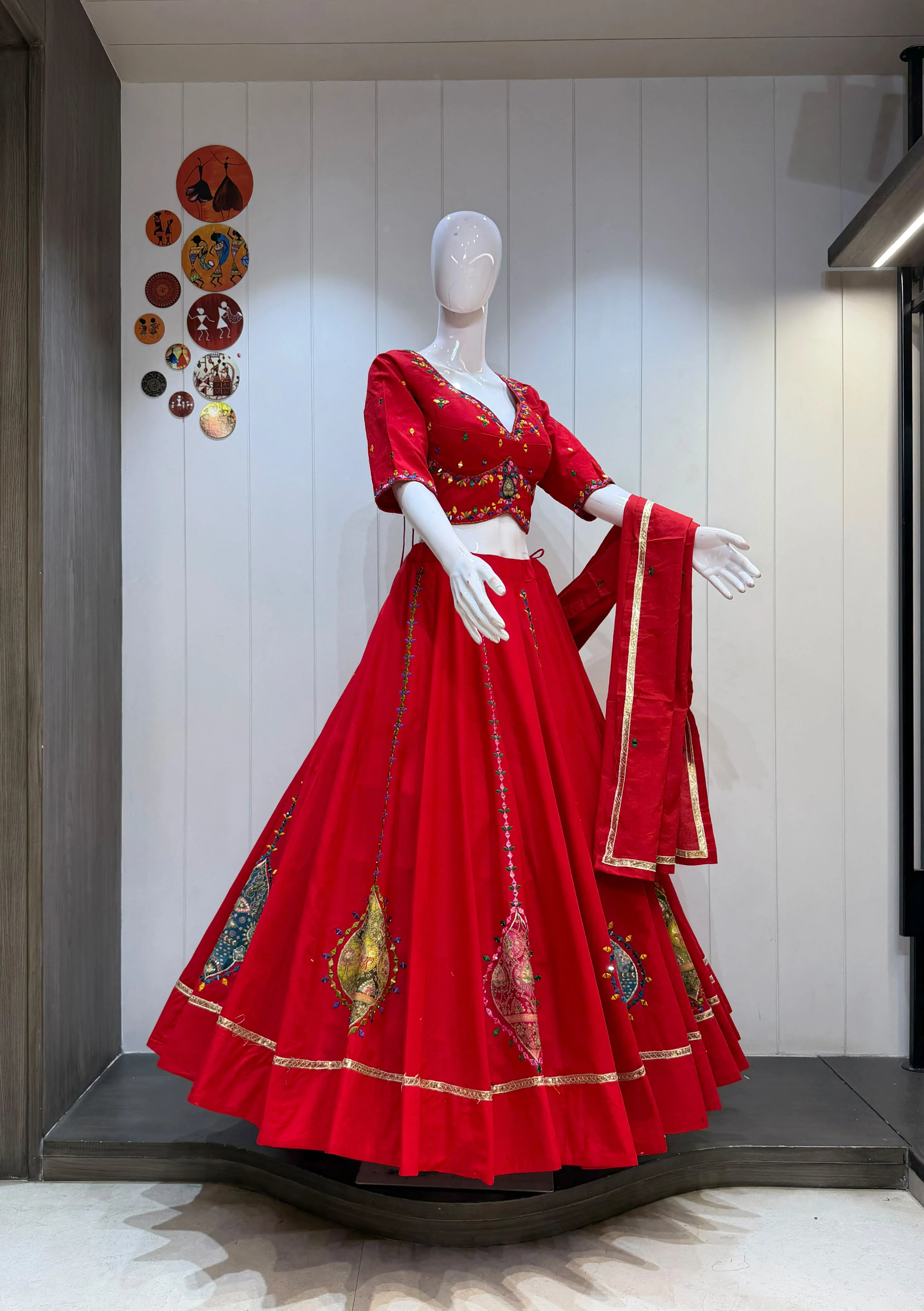 Laal Pari Pure Khadi Cotton Lehenga Choli With Heavy Manual Mirror Work And Position Print Patches