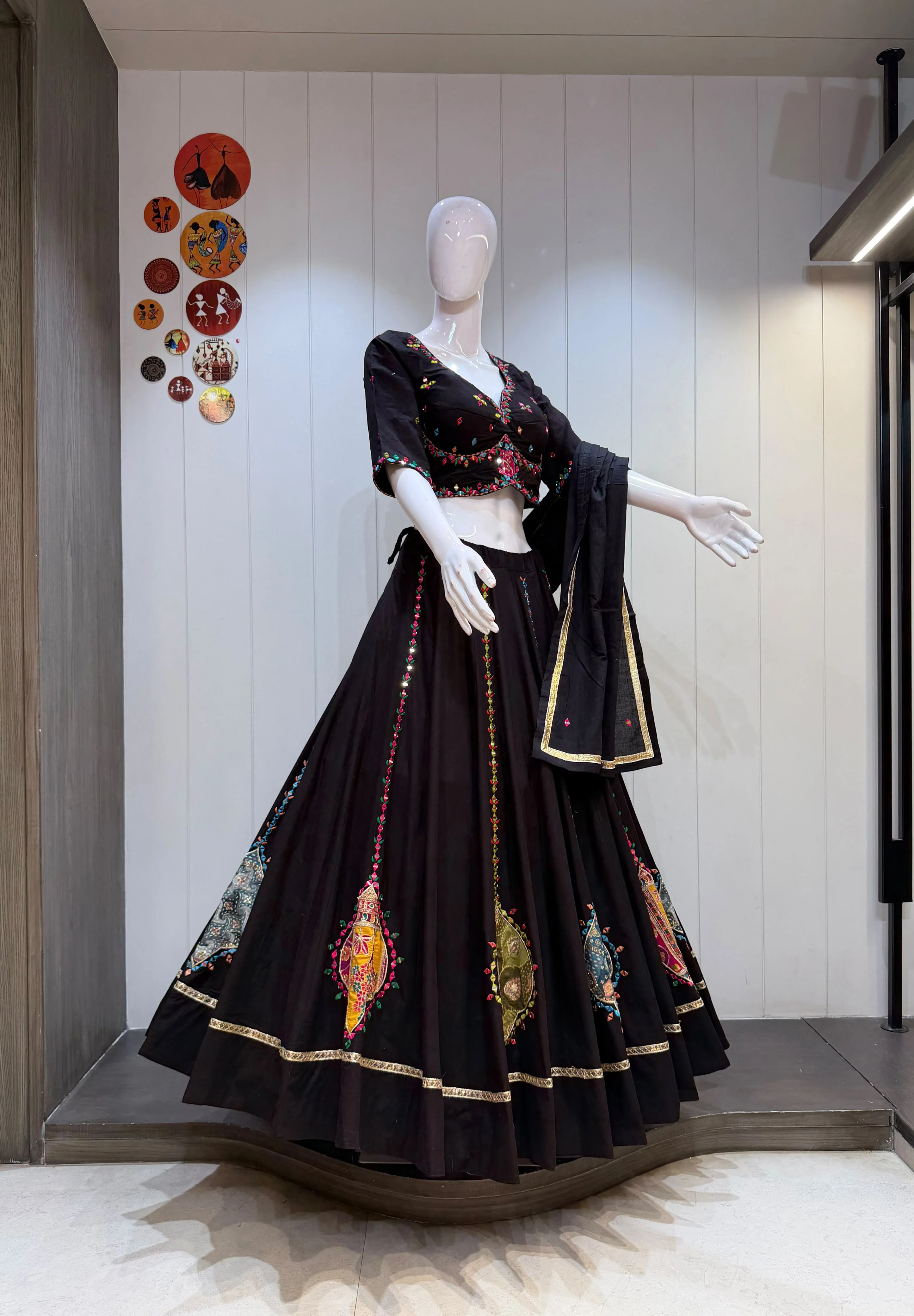 Laal Pari Pure Khadi Cotton Lehenga Choli With Heavy Manual Mirror Work And Position Print Patches 2