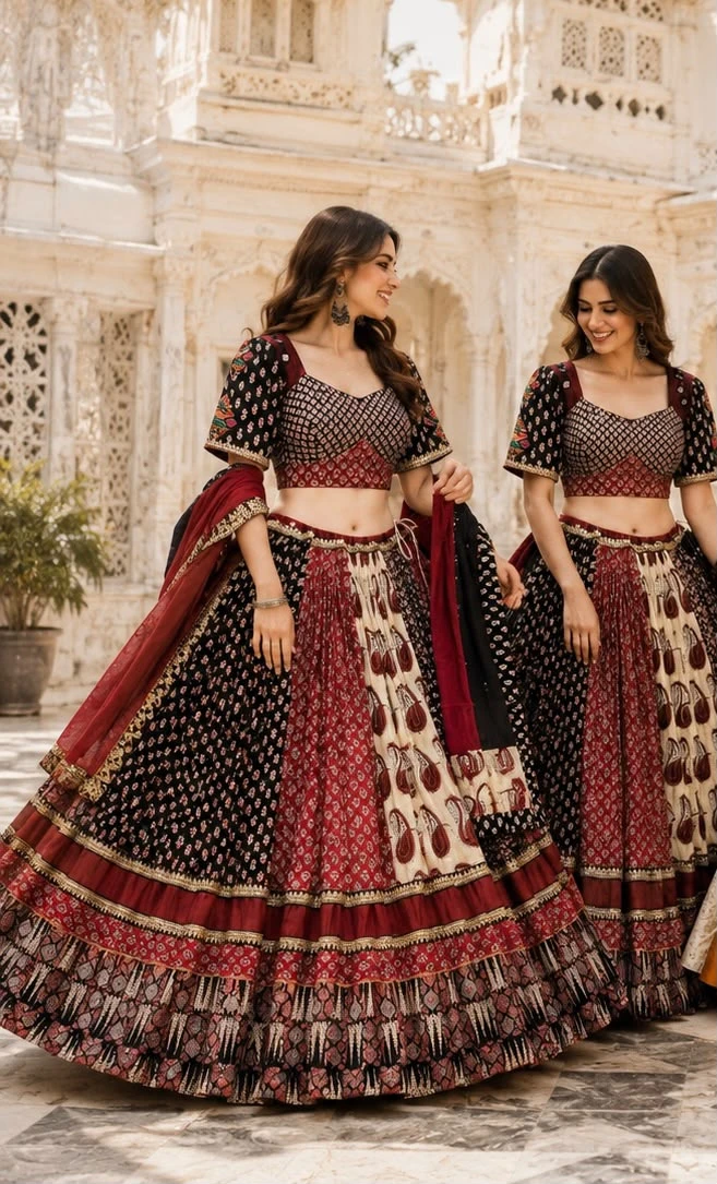 Mango Ajrakh Pure Cambric Cotton Lehenga Choli With Heavy Gamthi Work