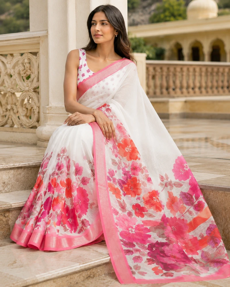 Mv Vis 41 Linen Floral Printed Saree 4