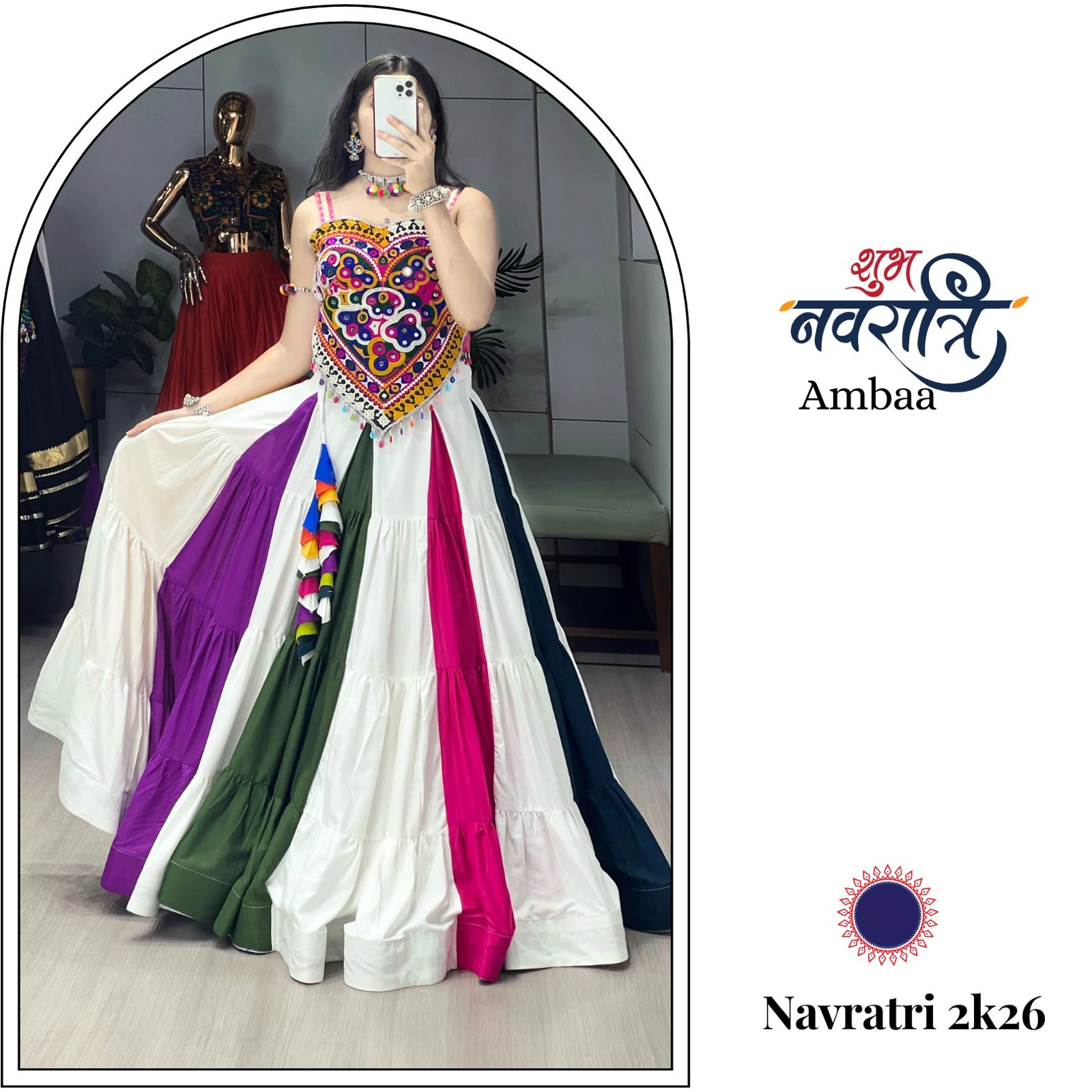 Navratri 2026 Multicolor Pure Rayon Cotton Lehenga Choli With Gamthi Mirror Work