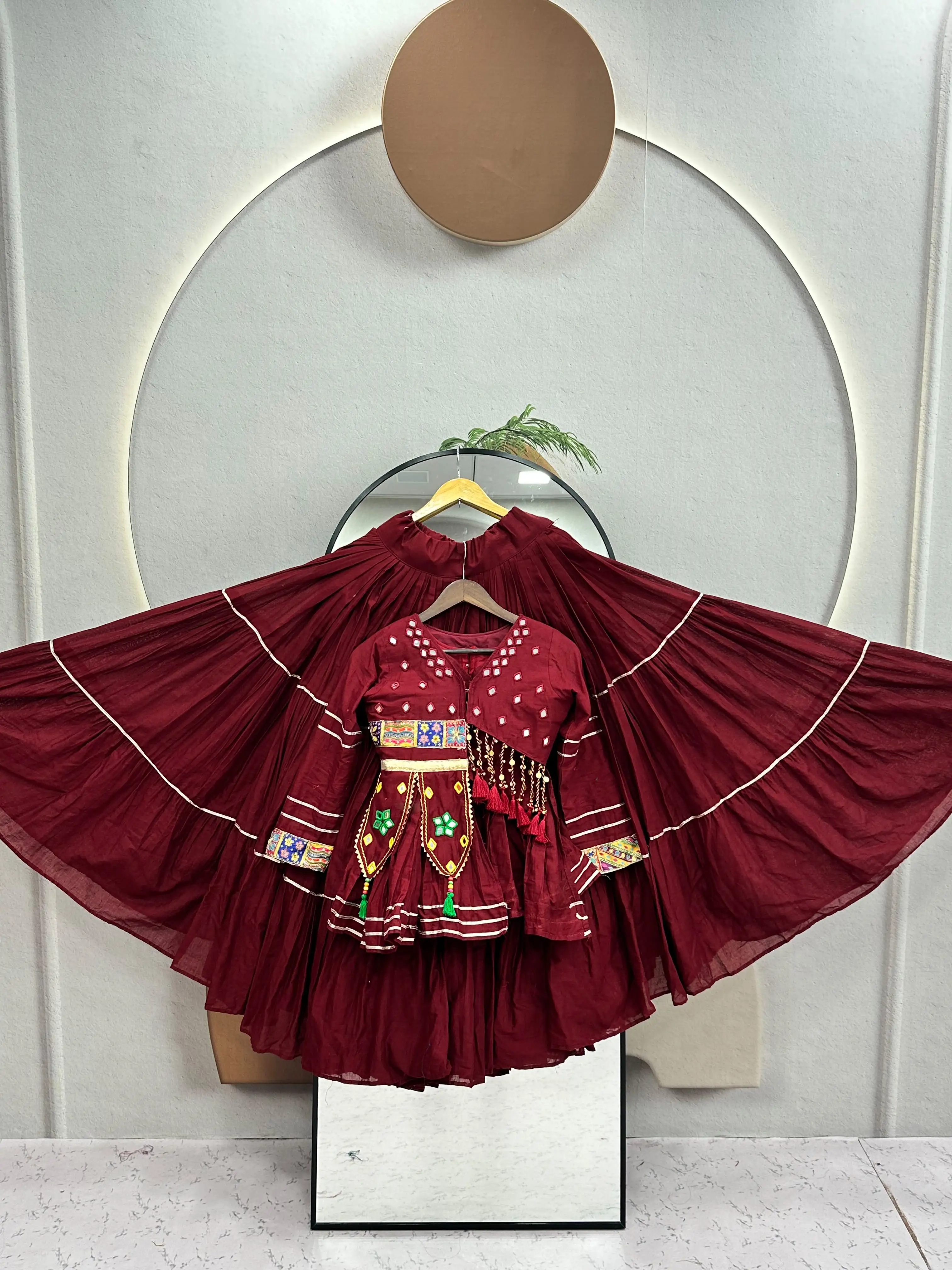 Navratri Special Pure Cotton Handwork Lehenga Choli With Koti And Ribbon Lace Work 2