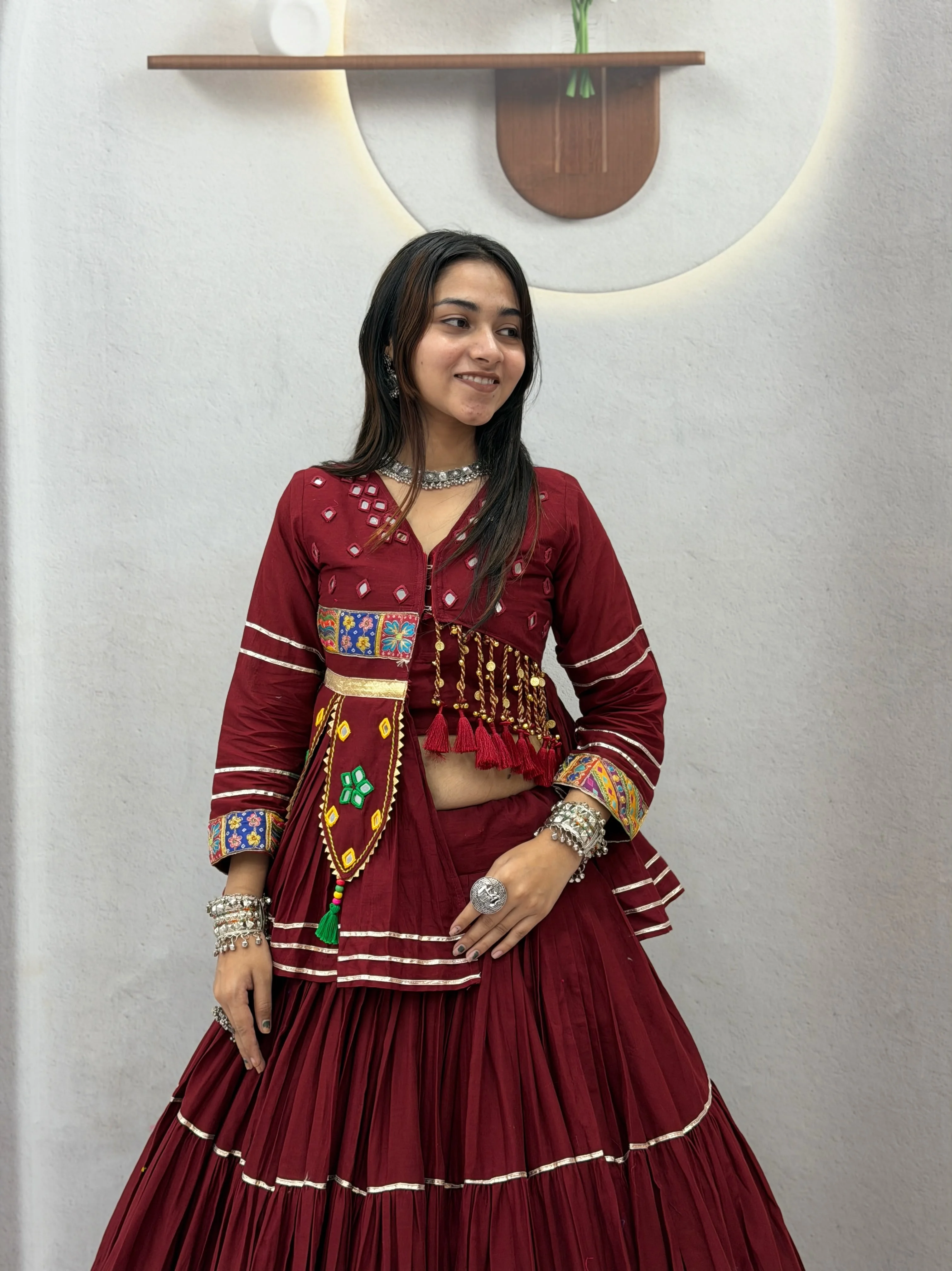 Navratri Special Pure Cotton Handwork Lehenga Choli With Koti And Ribbon Lace Work 3