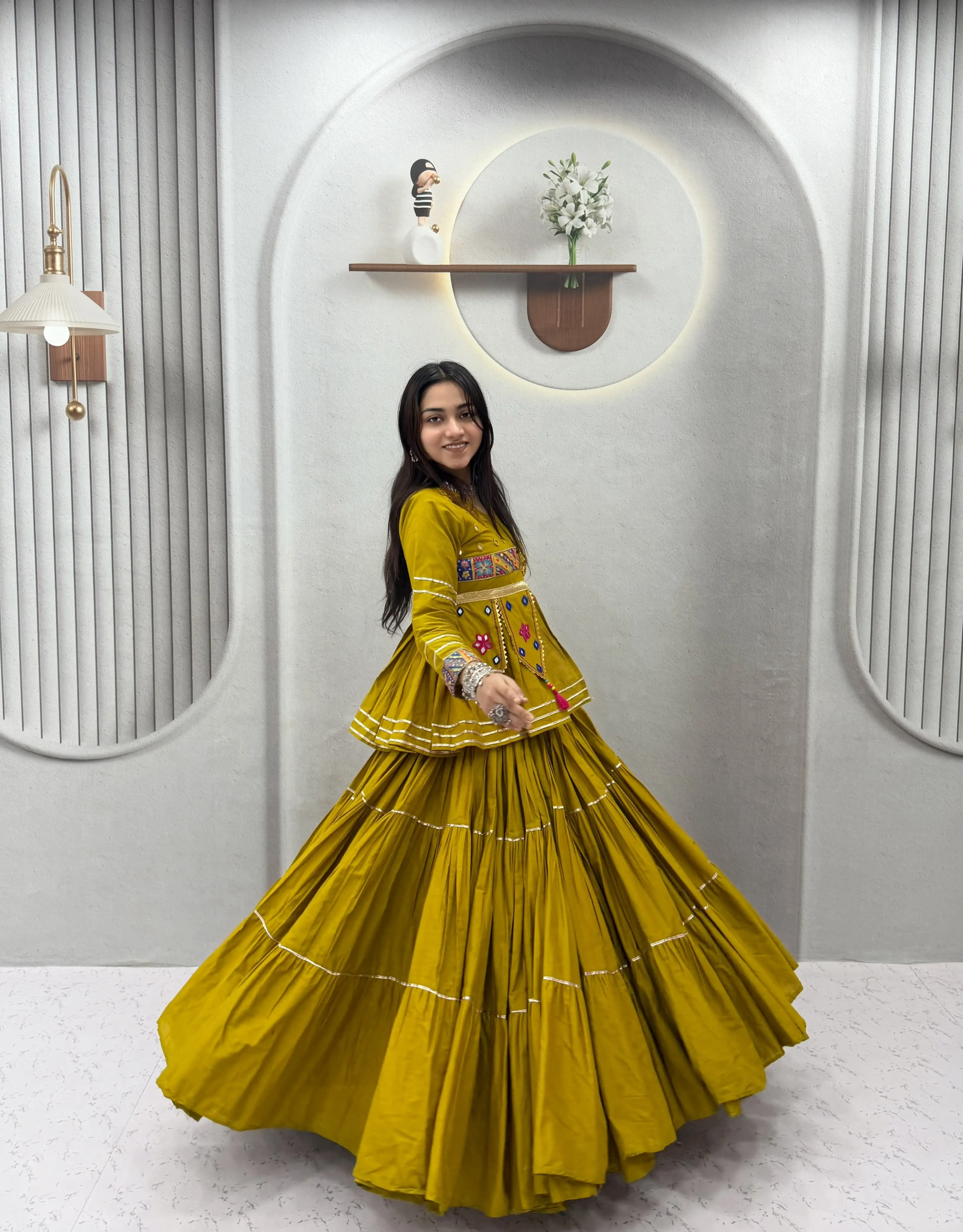 Navratri Special Pure Cotton Handwork Lehenga Choli With Koti And Ribbon Lace Work 4
