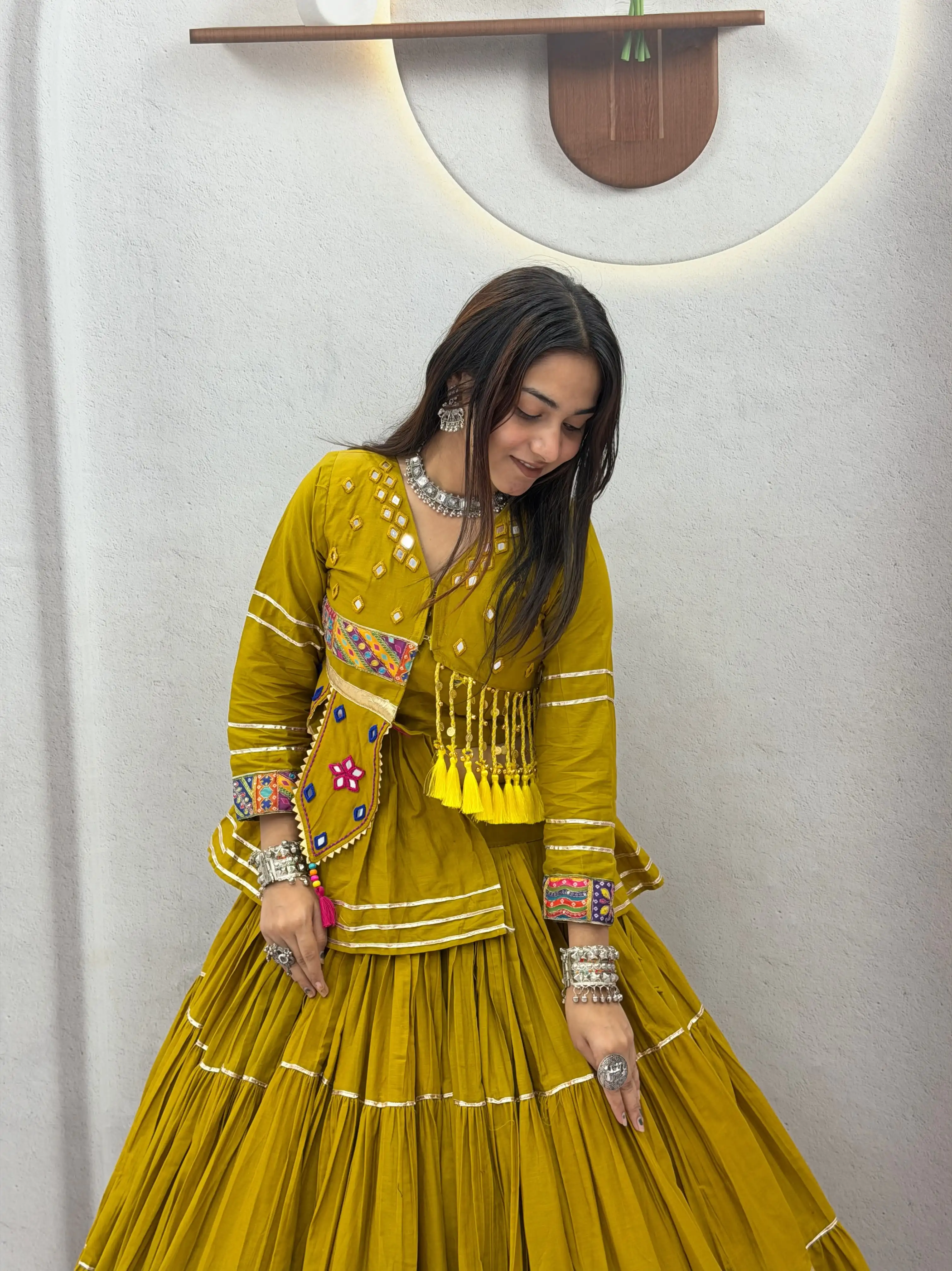 Navratri Special Pure Cotton Handwork Lehenga Choli With Koti And Ribbon Lace Work 5