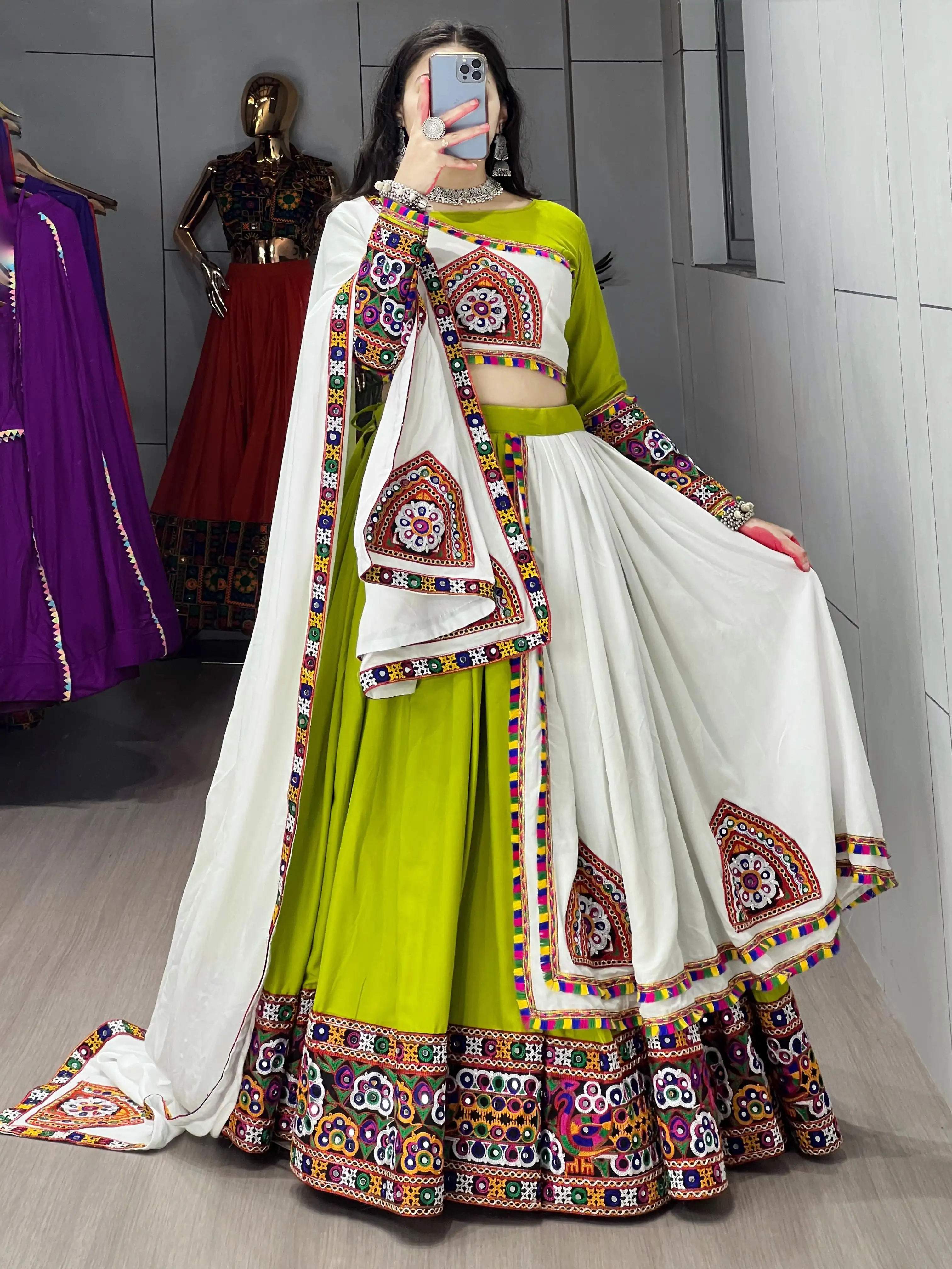 Navratri Special Pure Rayon Cotton Lehenga Choli With Gamthi And Real Mirror Work 2