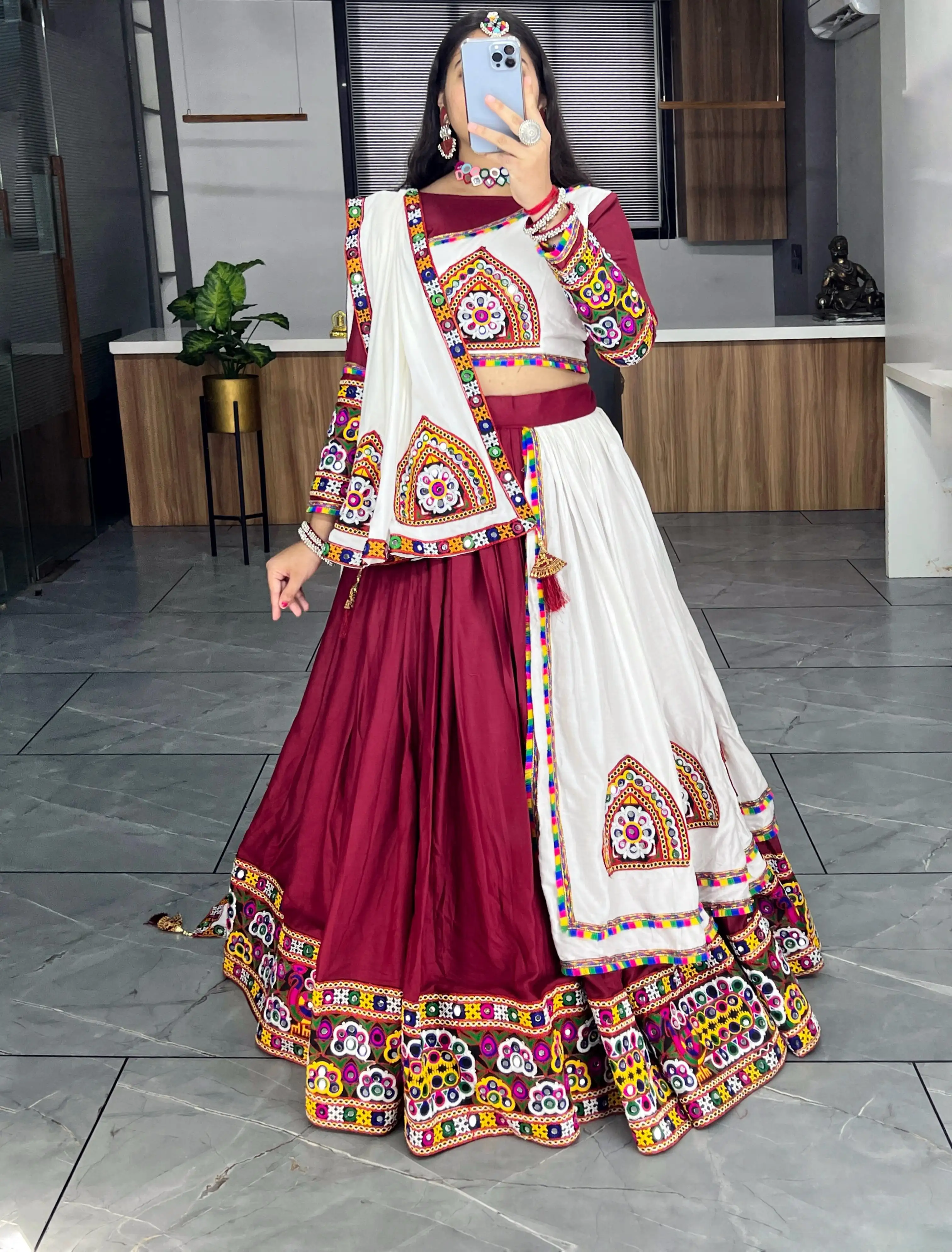 Navratri Special Pure Rayon Cotton Lehenga Choli With Gamthi And Real Mirror Work 5