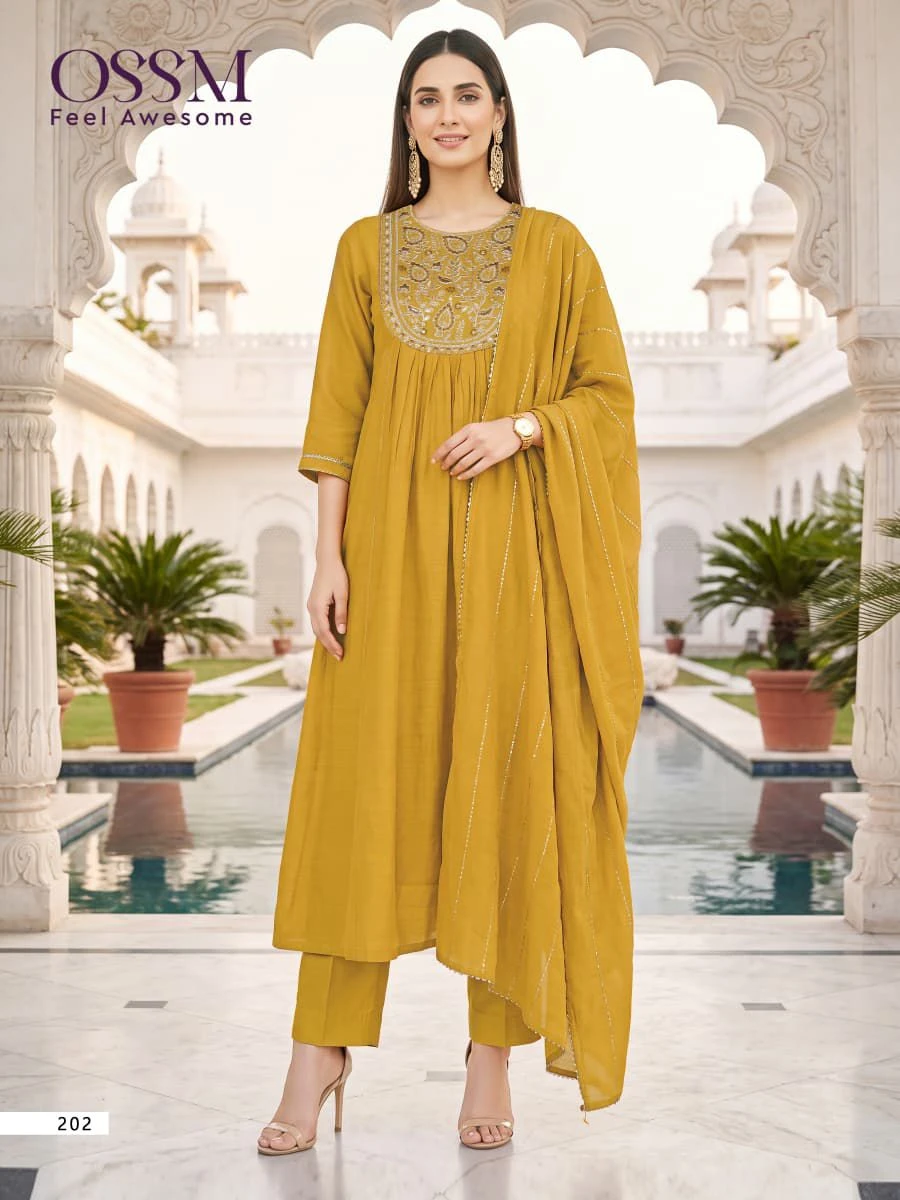 OSSM Noor Vol 02 Mal Chanderi Readymade Kurti Pant Dupatta Wholesale Catalogue 4