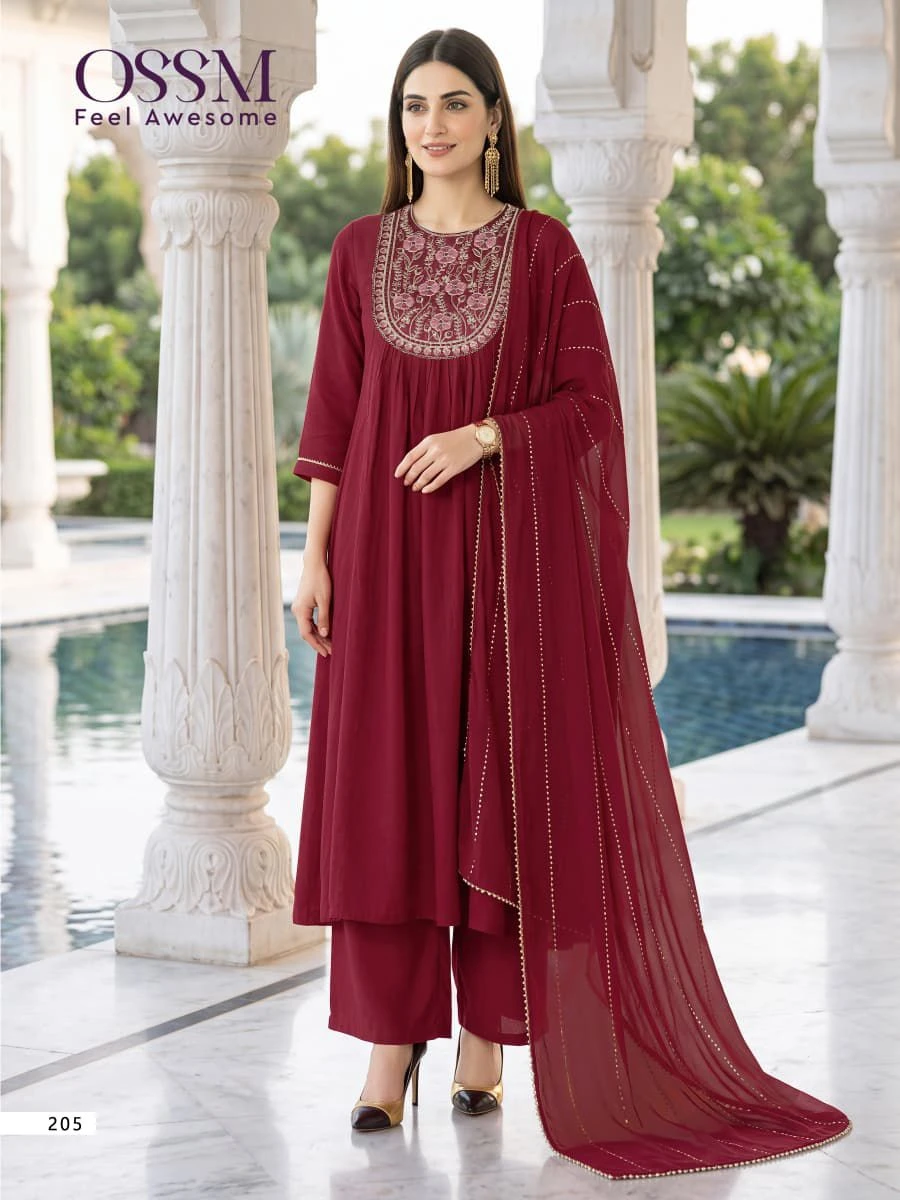 OSSM Noor Vol 02 Mal Chanderi Readymade Kurti Pant Dupatta Wholesale Catalogue 5