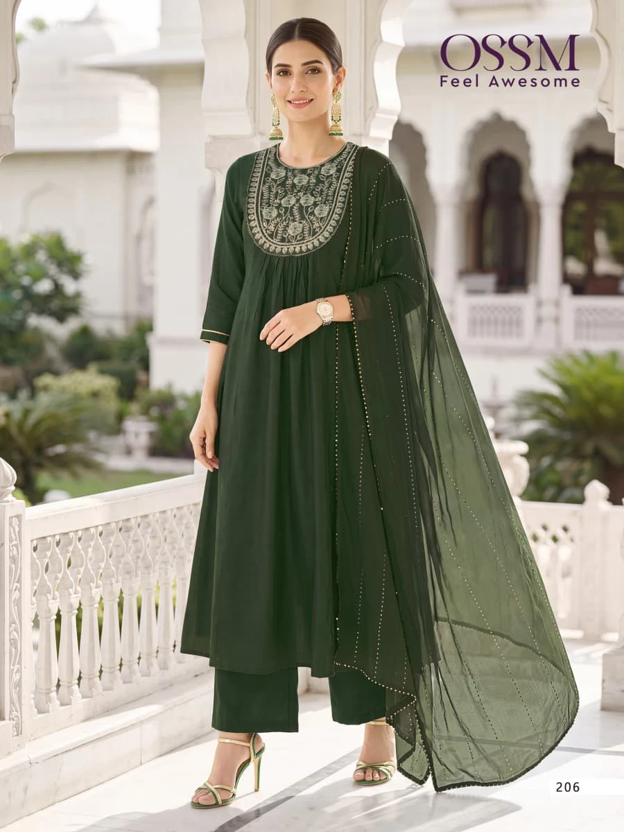 OSSM Noor Vol 02 Mal Chanderi Readymade Kurti Pant Dupatta Wholesale Catalogue 7