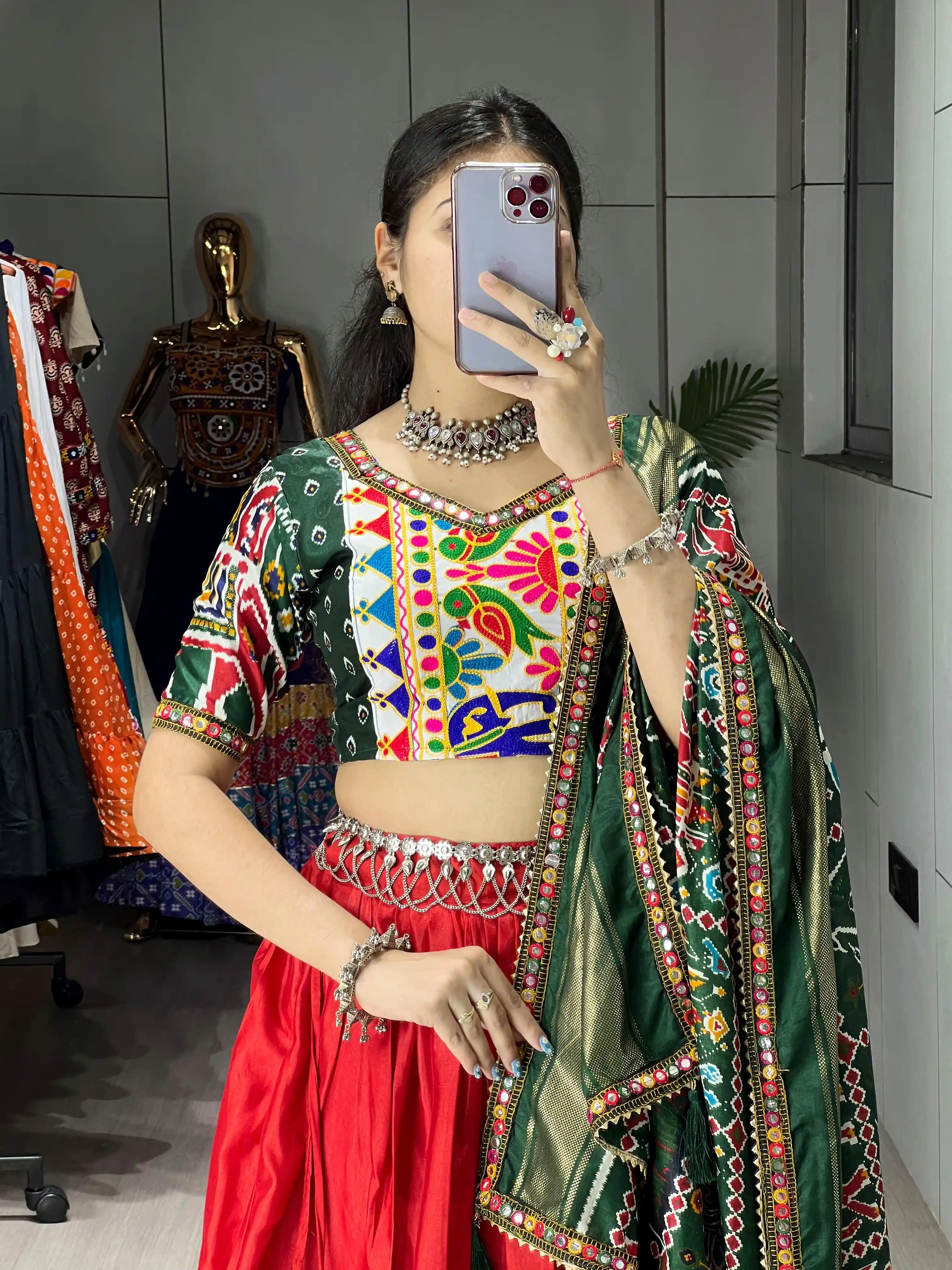 Patola Garba Choli Collection Dola Silk Lehenga With Gamthi And Mirror Work 2