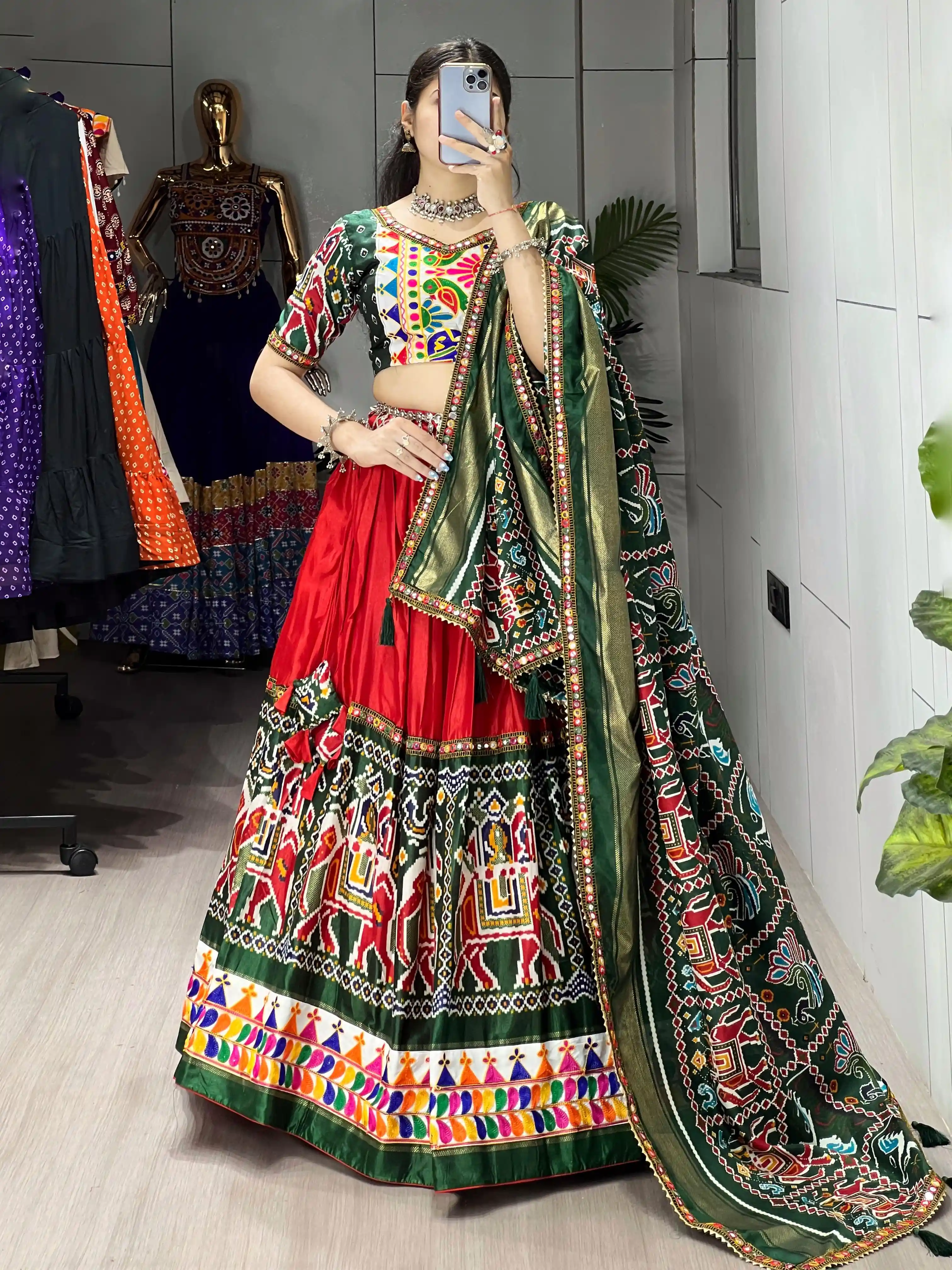 Patola Garba Choli Collection Dola Silk Lehenga With Gamthi And Mirror Work 3