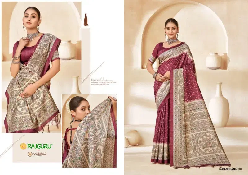Rajguru Bandhani Softy Tassar Madhubani Printed Saree Collection 2