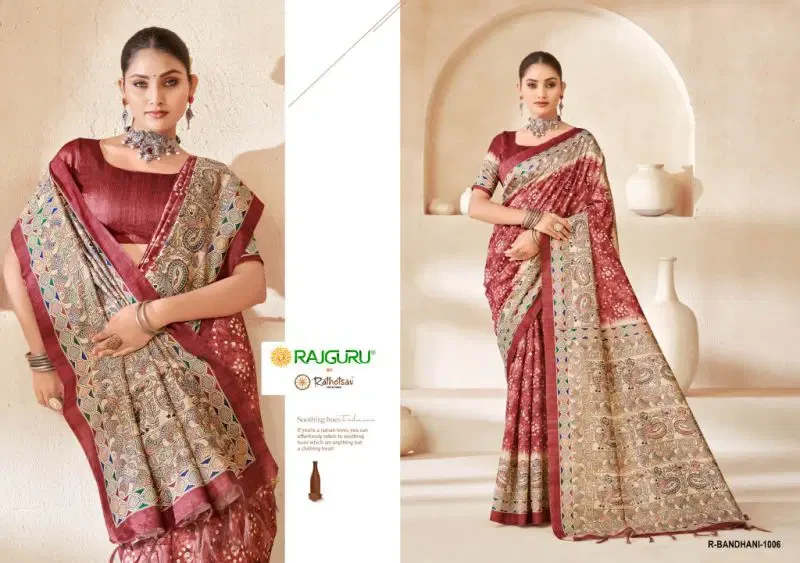 Rajguru Bandhani Softy Tassar Madhubani Printed Saree Collection 4