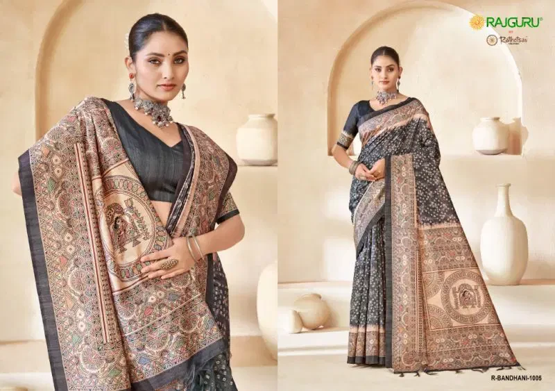 Rajguru Bandhani Softy Tassar Madhubani Printed Saree Collection 6