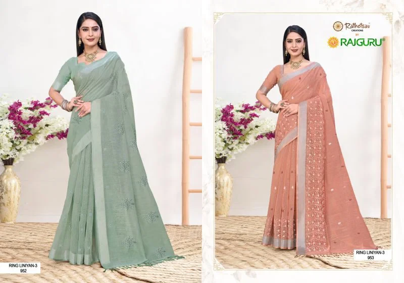 Rajguru Rang Liniyan Vol 3 Linen Embroidered Saree Collection 3