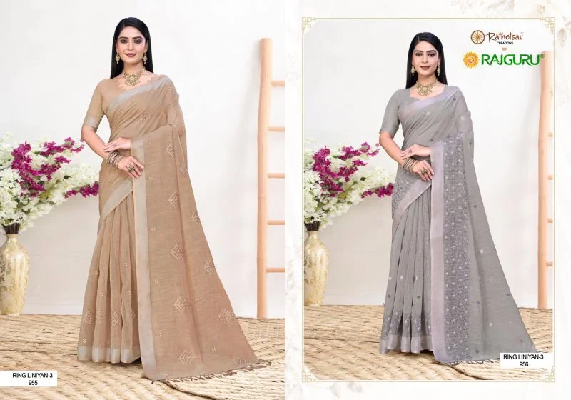 Rajguru Rang Liniyan Vol 3 Linen Embroidered Saree Collection 4
