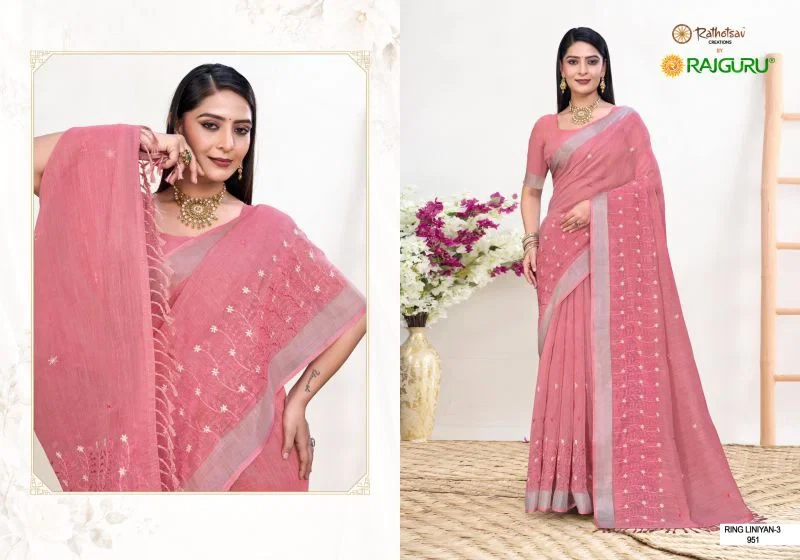 Rajguru Rang Liniyan Vol 3 Linen Embroidered Saree Collection 5