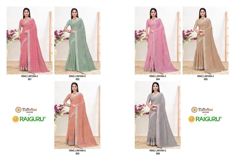 Rajguru Rang Liniyan Vol 3 Linen Embroidered Saree Collection 6