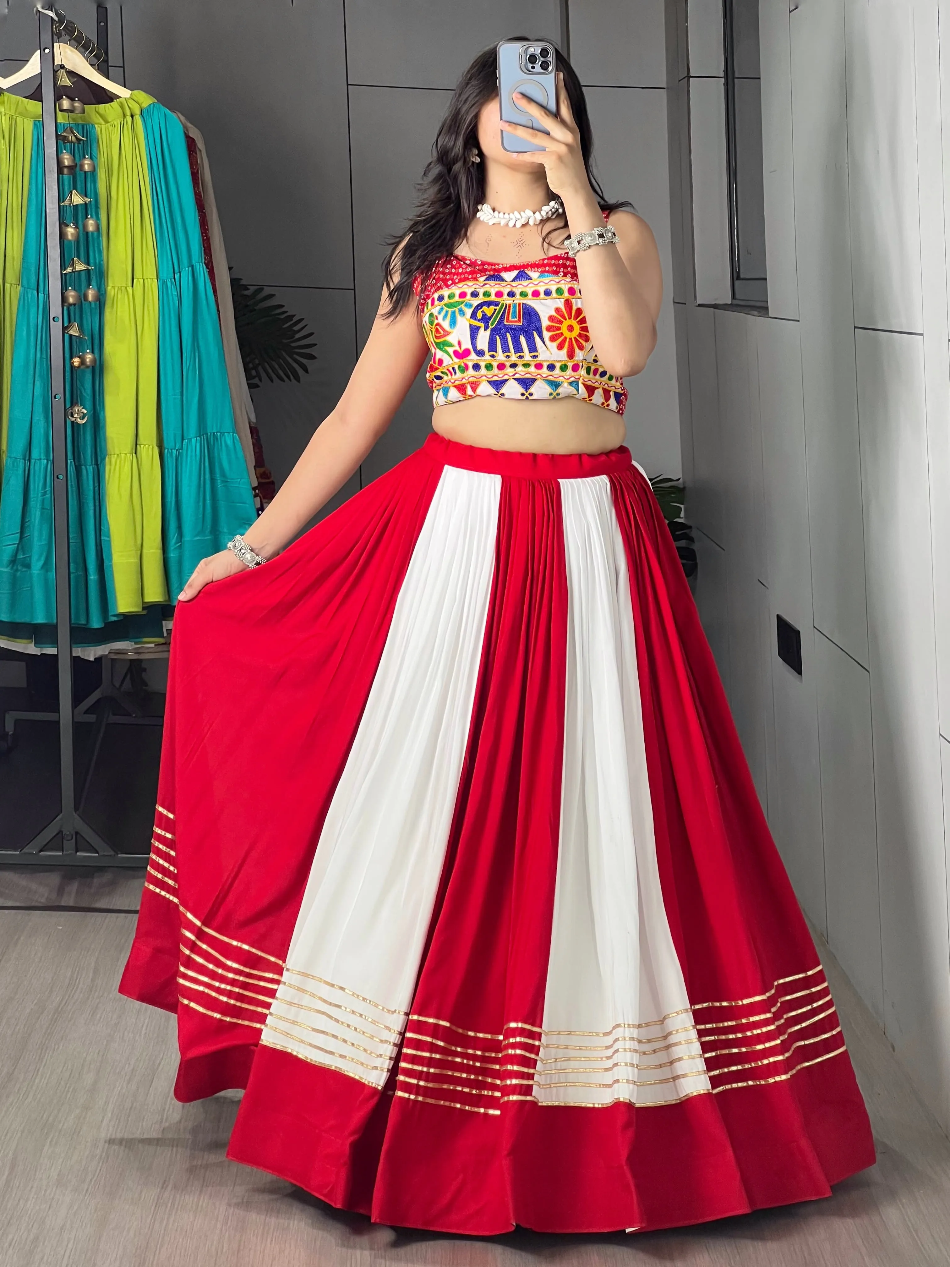 Red White Pure Rayon Cotton Chaniya Choli With Gota Patti And Gamthi Work 2