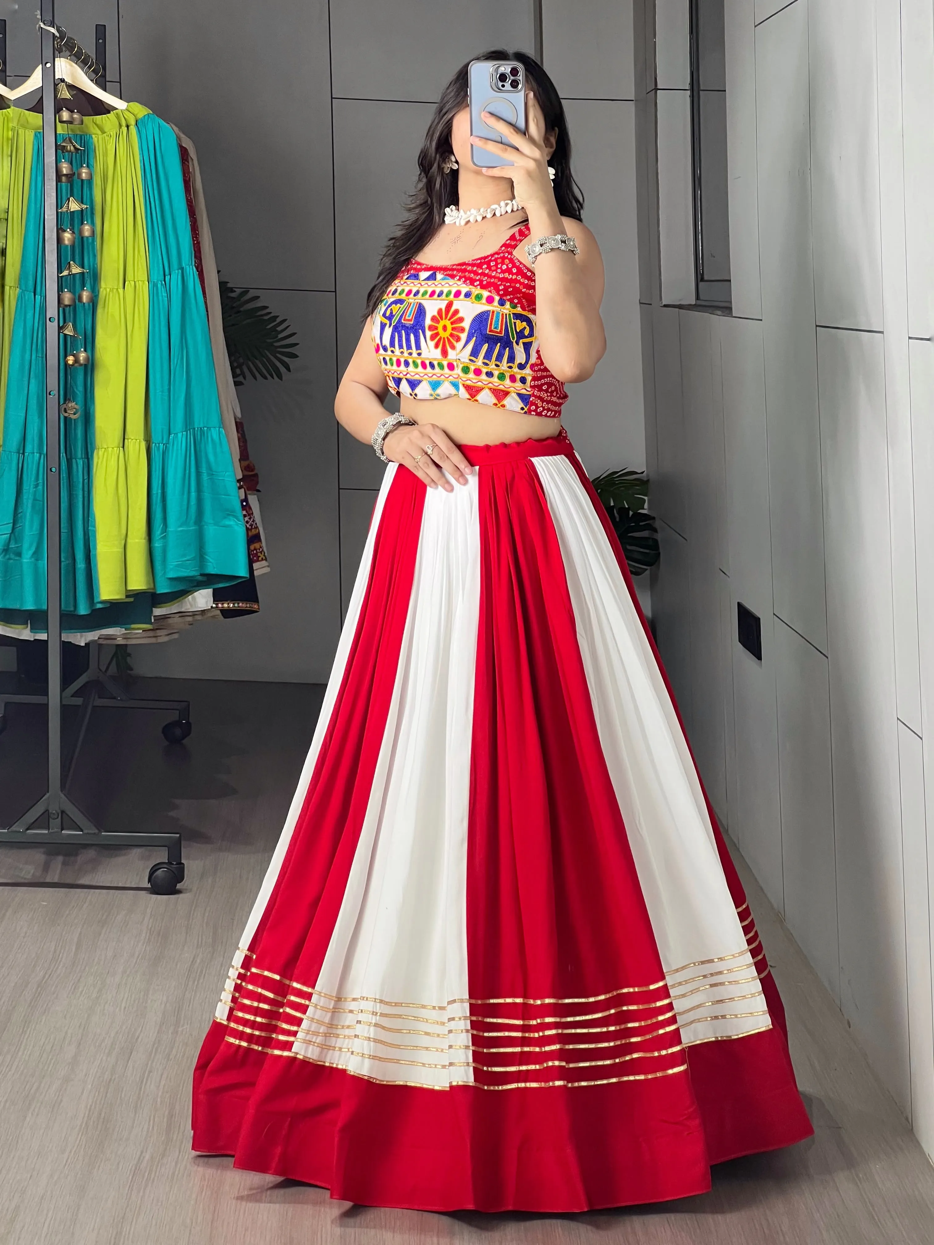 Red White Pure Rayon Cotton Chaniya Choli With Gota Patti And Gamthi Work 4