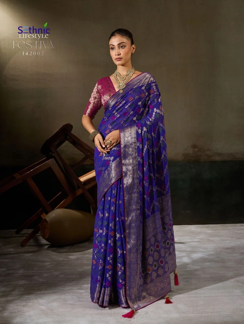 Sethnic Festiva Khadi Georgette Hand Dyed Meenakari Work Saree Collection 10