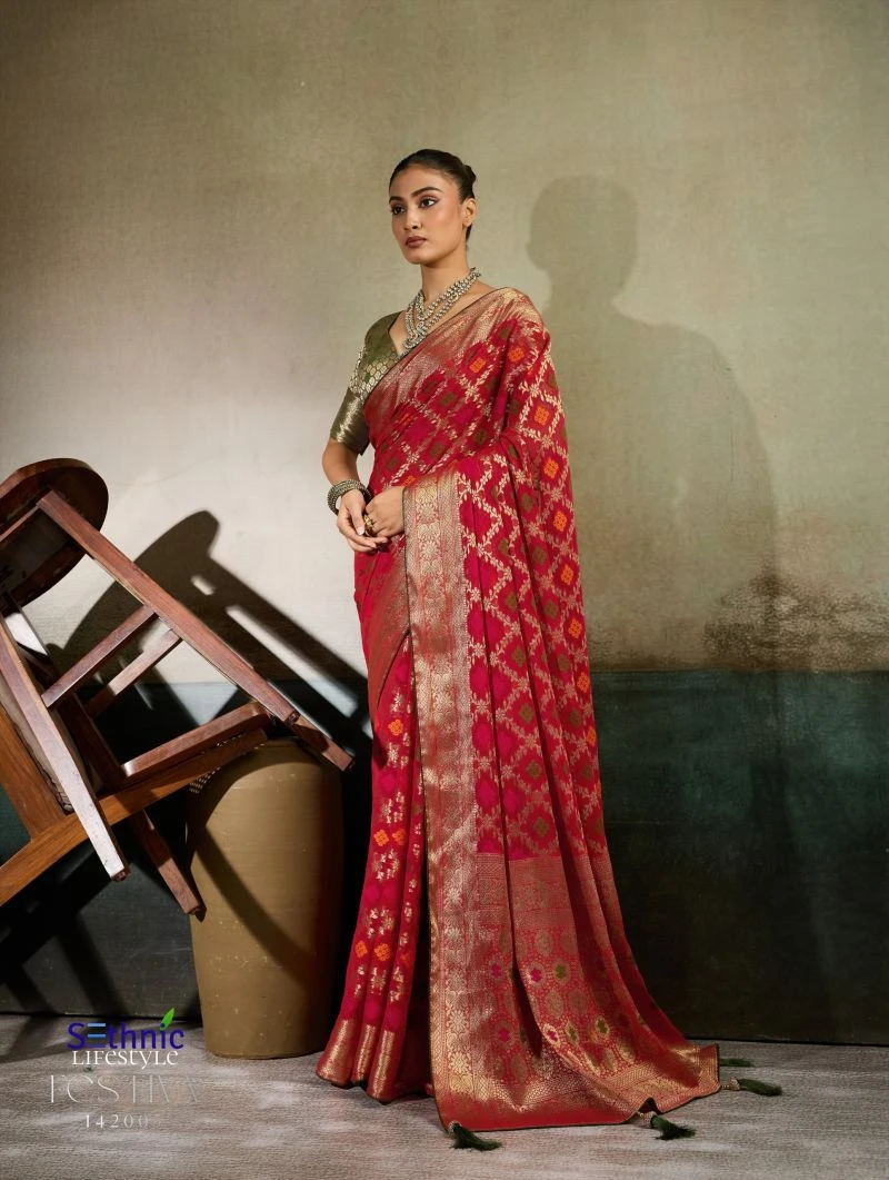Sethnic Festiva Khadi Georgette Hand Dyed Meenakari Work Saree Collection 11