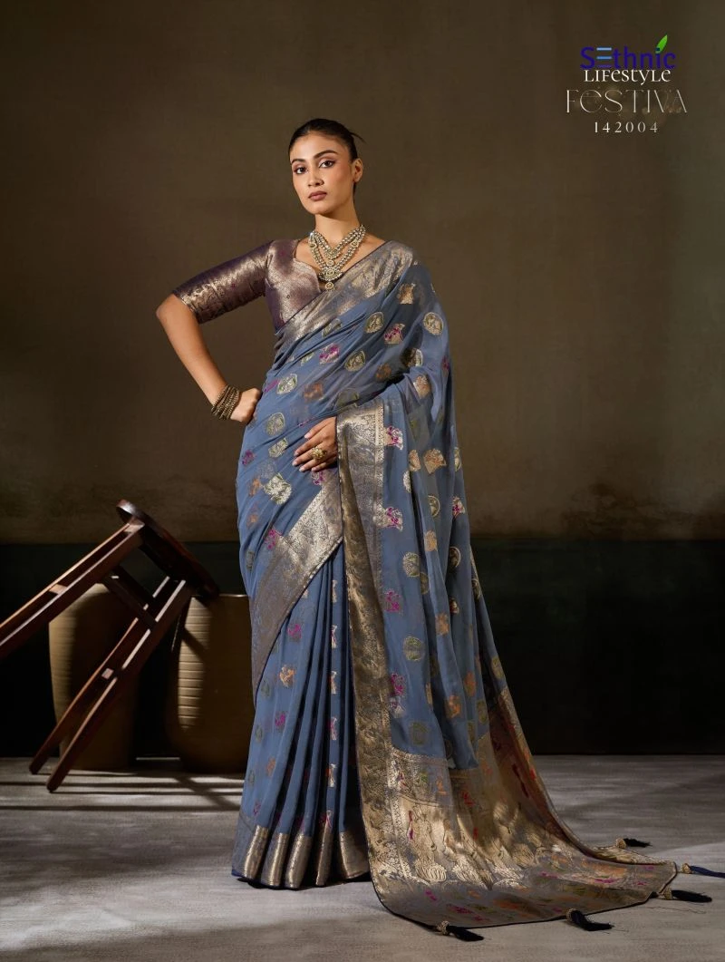 Sethnic Festiva Khadi Georgette Hand Dyed Meenakari Work Saree Collection 12