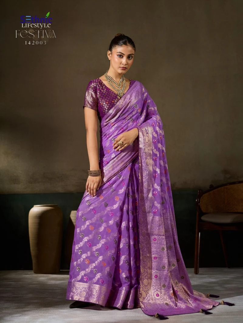 Sethnic Festiva Khadi Georgette Hand Dyed Meenakari Work Saree Collection 13