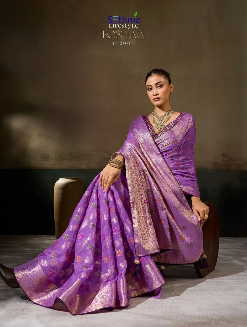 Sethnic Festiva Khadi Georgette Hand Dyed Meenakari Work Saree Collection 14