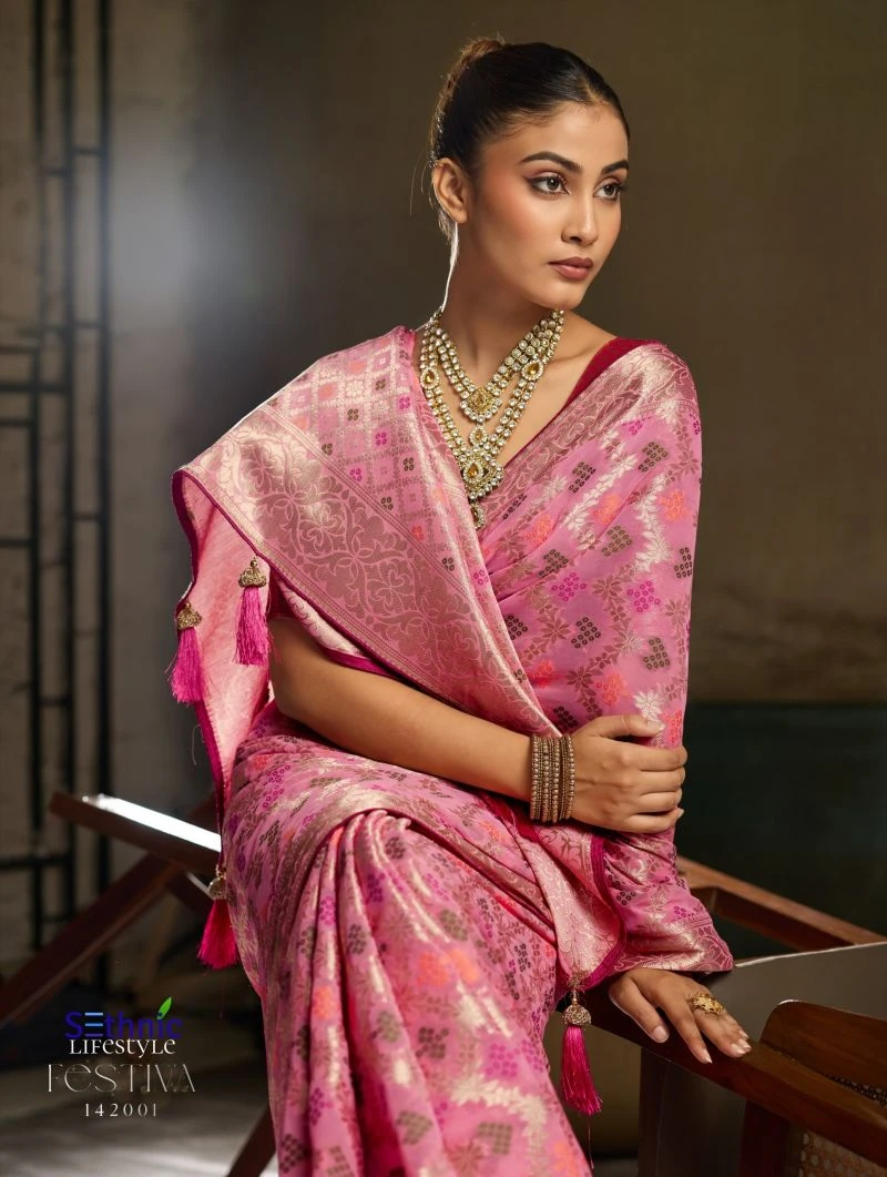 Sethnic Festiva Khadi Georgette Hand Dyed Meenakari Work Saree Collection 15