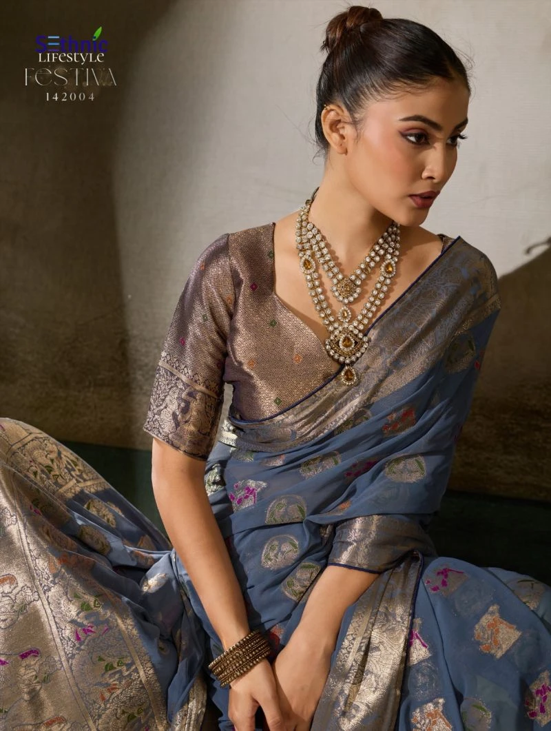 Sethnic Festiva Khadi Georgette Hand Dyed Meenakari Work Saree Collection 16