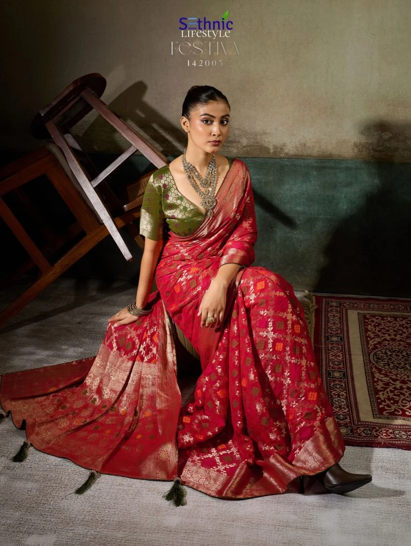 Sethnic Festiva Khadi Georgette Hand Dyed Meenakari Work Saree Collection 17