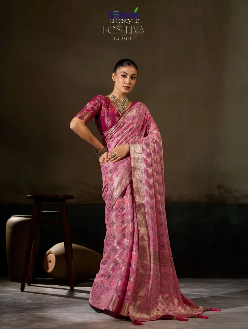 Sethnic Festiva Khadi Georgette Hand Dyed Meenakari Work Saree Collection 2