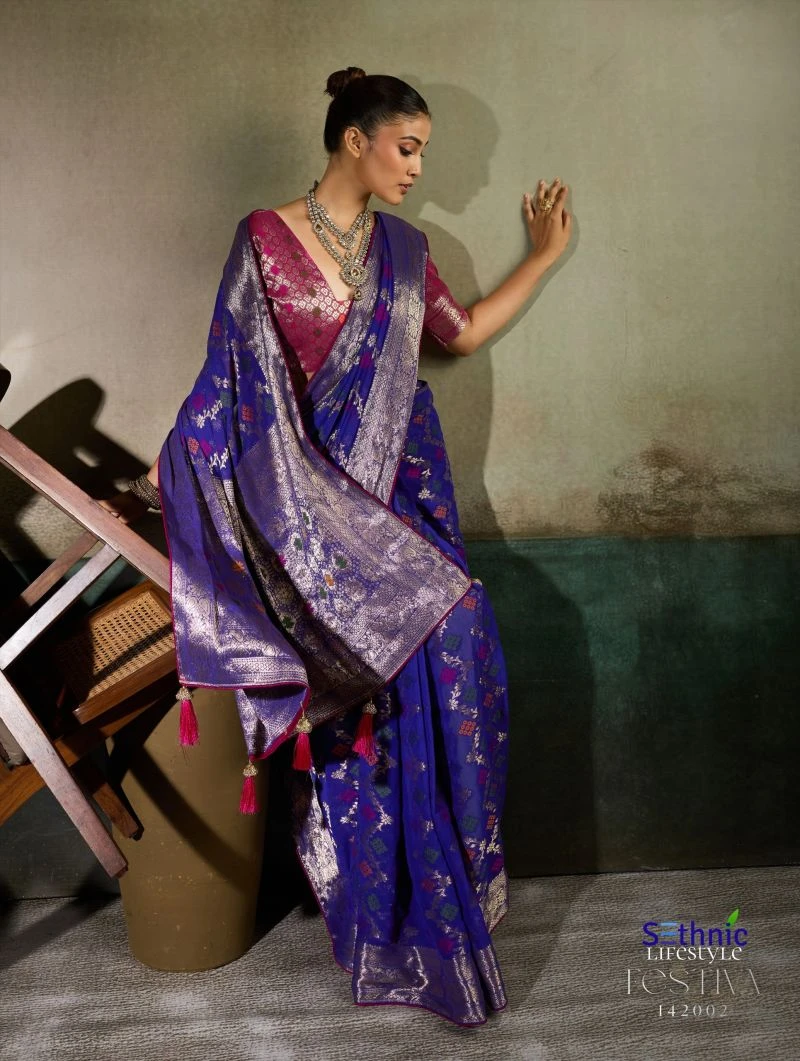 Sethnic Festiva Khadi Georgette Hand Dyed Meenakari Work Saree Collection 3