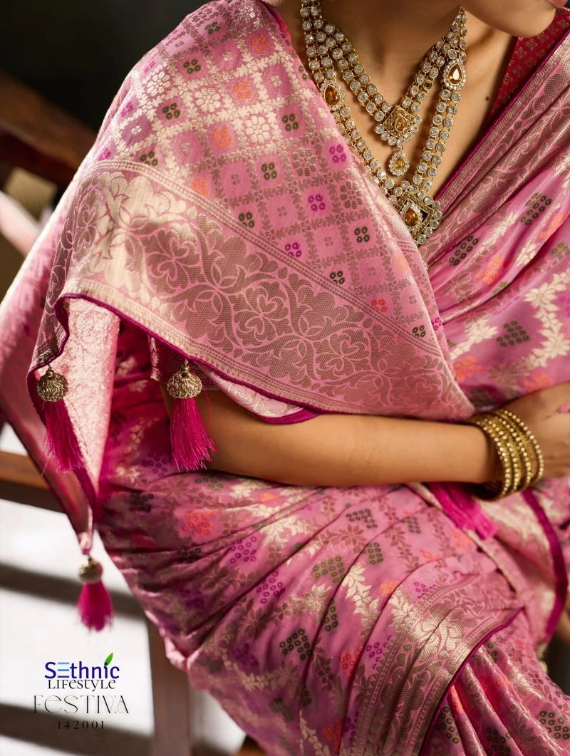 Sethnic Festiva Khadi Georgette Hand Dyed Meenakari Work Saree Collection 4