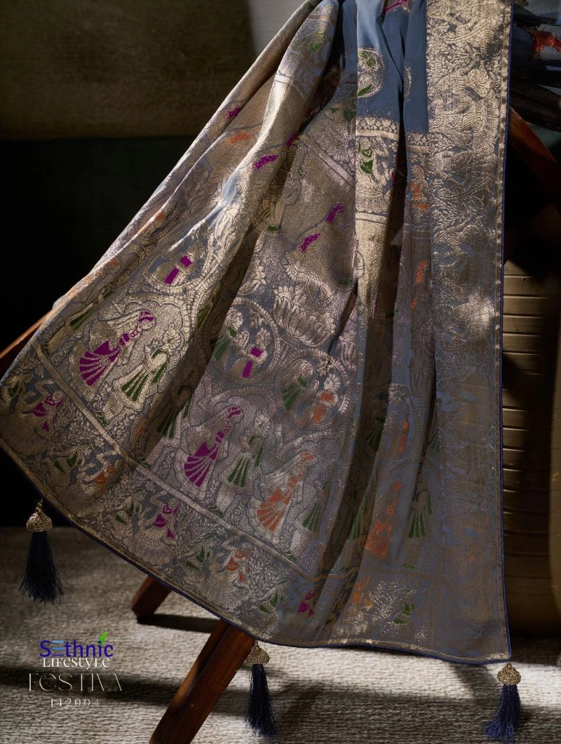 Sethnic Festiva Khadi Georgette Hand Dyed Meenakari Work Saree Collection 5