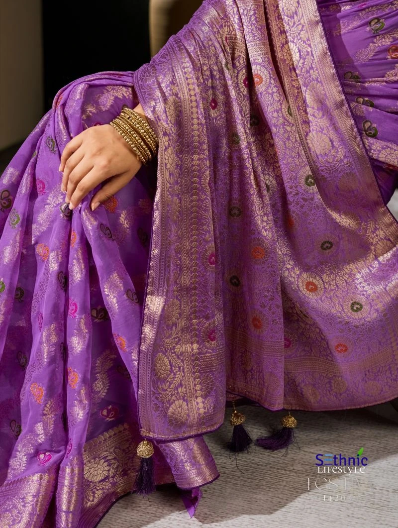 Sethnic Festiva Khadi Georgette Hand Dyed Meenakari Work Saree Collection 7