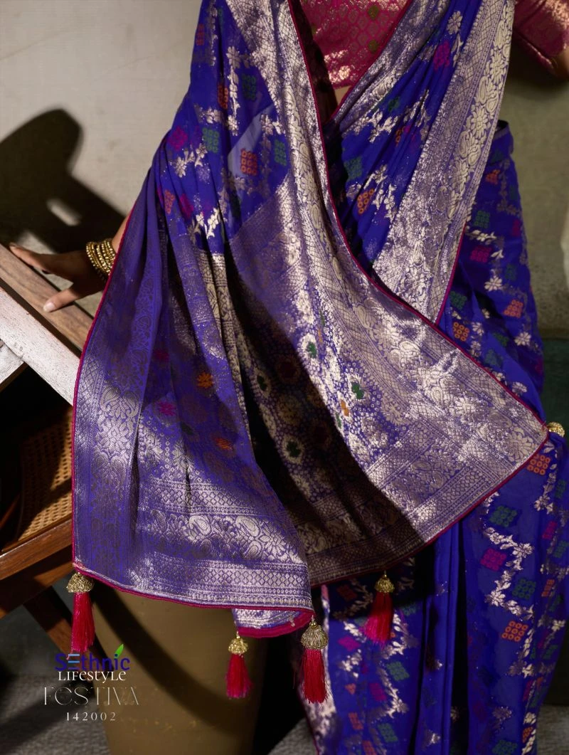 Sethnic Festiva Khadi Georgette Hand Dyed Meenakari Work Saree Collection 8