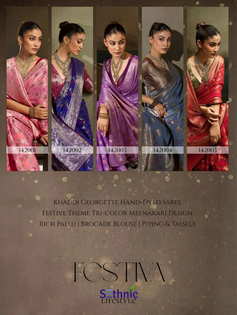 Sethnic Festiva Khadi Georgette Hand Dyed Meenakari Work Saree Collection 9