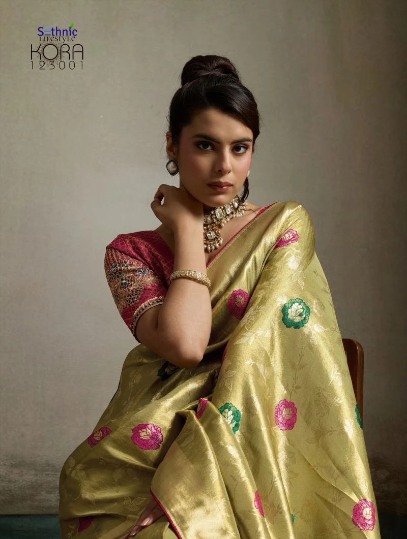 Sethnic Kora Tissue Banarasi Silk Jacquard With Meenakari Work Saree Collection 11