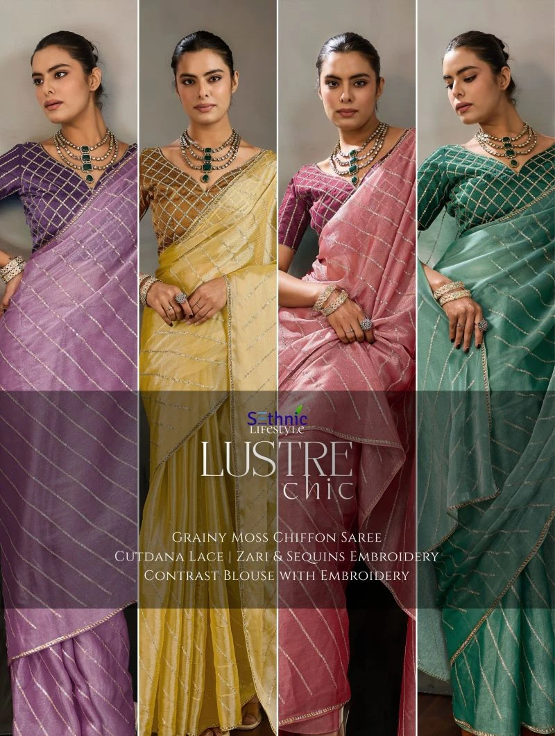 Sethnic Lustre Chic Moss Chiffon Zari Sequence Embroidered Saree Collection 10