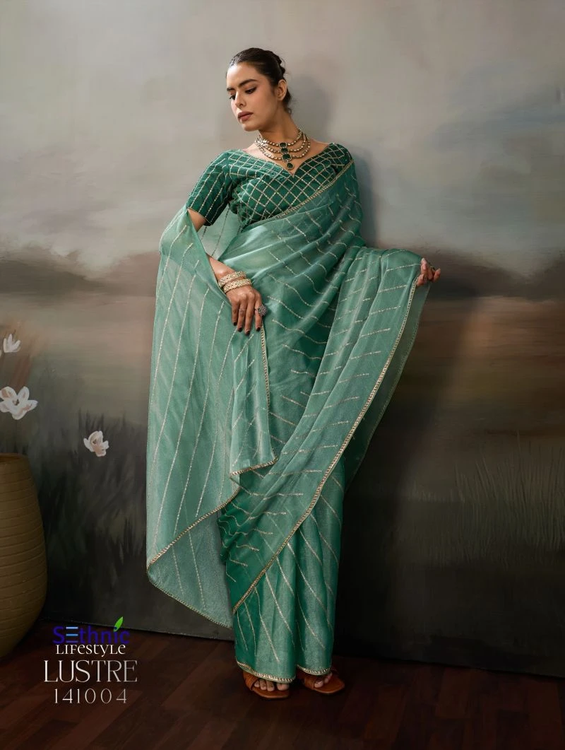 Sethnic Lustre Chic Moss Chiffon Zari Sequence Embroidered Saree Collection 5