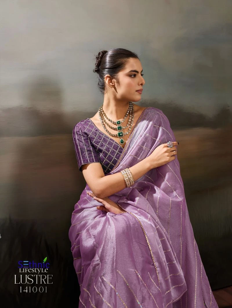 Sethnic Lustre Chic Moss Chiffon Zari Sequence Embroidered Saree Collection 7