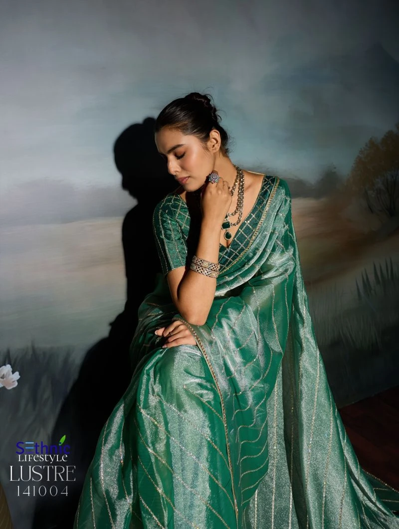 Sethnic Lustre Chic Moss Chiffon Zari Sequence Embroidered Saree Collection 8
