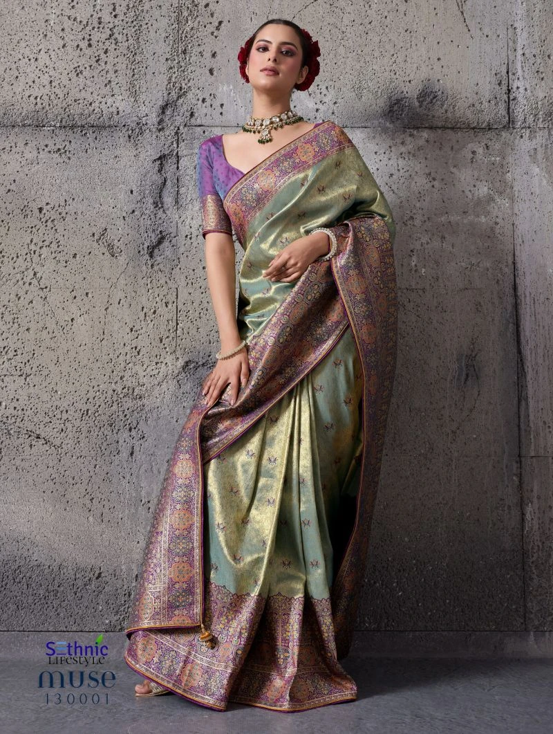 Sethnic Muse Delight Banarasi Tissue Silk Meenakari Patta Weaving Saree Collection 7