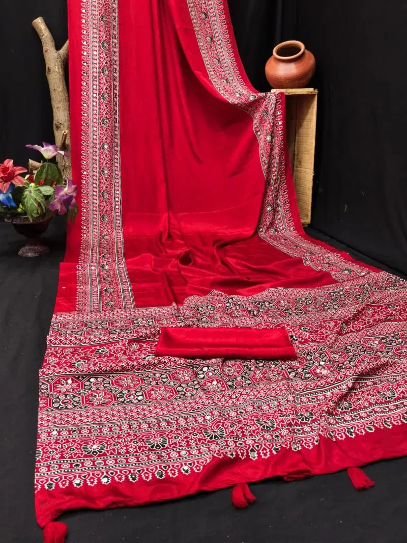 Sf Ajrakh B Gaji Silk Mirror Work Saree Collection 7