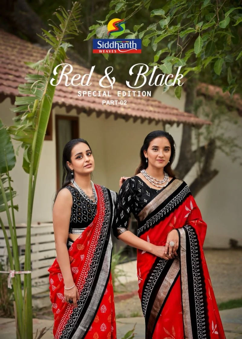 Siddharth Red And Black Linen Printed Saree Collection