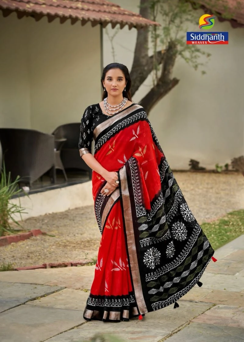 Siddharth Red And Black Linen Printed Saree Collection 10